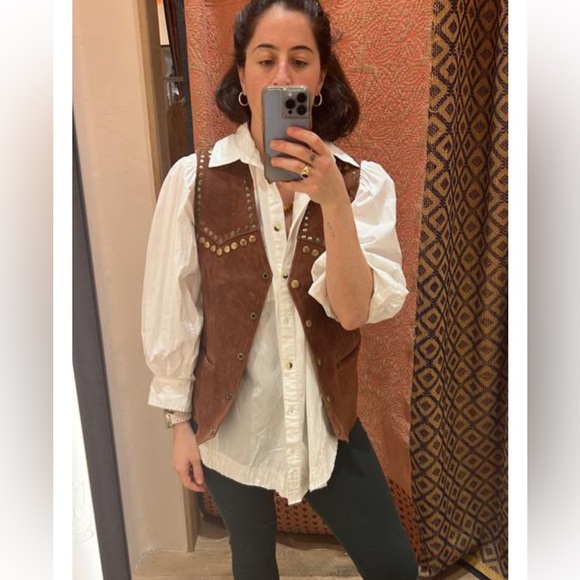 Rare New FREE PEOPLE Understated Brown Leather Western Snap Front Vest Medium - Picture 11 of 14
